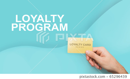 Collage with unrecognizable consumer showing loyalty card on color background 65296439