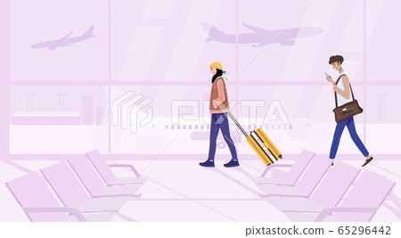 Illustration of young couple walking with suitcase in terminal. Vector 65296442
