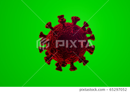 An illustration showing the structure of an epidemic virus. 3D rendering of a coronavirus on a green background. 65297052
