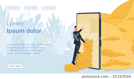 A businessman climbs a ladder from coins uphill from coins to a mobile phone screen. The path to prosperity. Business vector concept illustration. 65297694