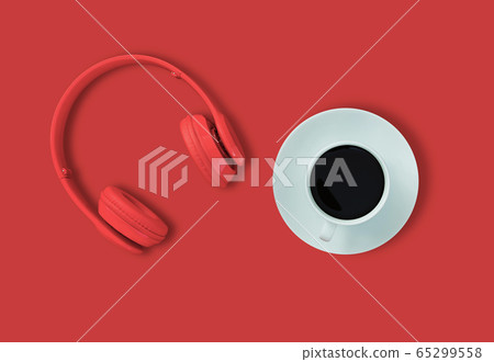 a headphones, Top view of headphones and black coffee cup on red background. Minimalist photo of earphones with copy space. a headphones, Top view of headphones and black coffee cup on red background. Minimalist photo of earphones with copy space. 65299558