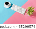 flat lay Office desk table of modern workplace with laptop on blue and pimk background, top view laptop background and copy space on black background 65299574