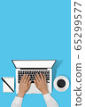 businessman working with modern workplace with laptop on blue table, Man hand on laptop keyboard for work from home 65299577