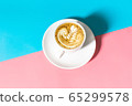 Close up white coffee cup with on blue and pink background, White cup of black coffee isolated on blue and pink background 65299578