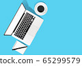 flat lay Office desk table of modern workplace with laptop on blue and pimk background, top view laptop background and copy space on black background 65299579