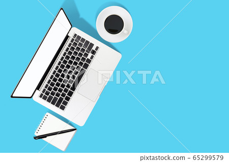 flat lay Office desk table of modern workplace with laptop on blue and pimk background, top view laptop background and copy space on black background flat lay Office desk table of modern workplace with laptop on blue and pimk background, top view laptop background and copy space on black background 65299579