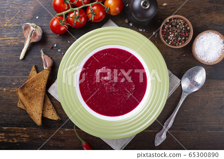 Tasty appetizing summer tomato soup puree gazpacho 65300890