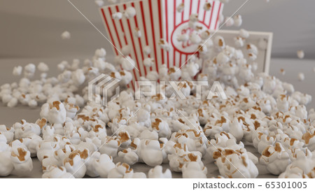 Striped box 3d illustration with popcorn on a gray background.The concept of watching a movie Striped box 3d illustration with popcorn on a gray background.The concept of watching a movie 65301005
