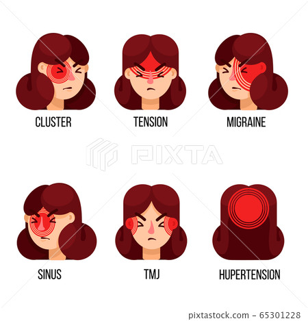 Cartoon Color Character Person Female and Types Headaches Concept. Vector 65301228