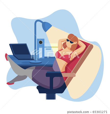 Cartoon Color Character Person Female Running from Office to The Beach Concept. Vector 65301271