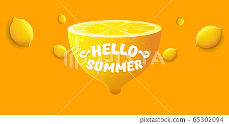 Vector Hello Summer Beach Party horizontal banner Design template with fresh lemon isolated on orange background. Hello summer concept label or poster with orange fruit and typographic text. 65302094