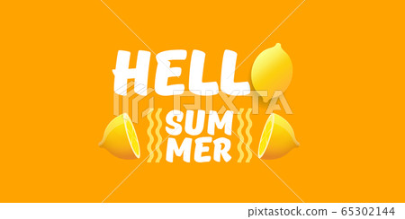Vector Hello Summer Beach Party horizontal banner Design template with fresh lemon isolated on orange background. Hello summer concept label or poster with orange fruit and typographic text. 65302144