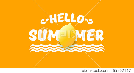 Vector Hello Summer Beach Party horizontal banner Design template with fresh lemon isolated on orange background. Hello summer concept label or poster with orange fruit and typographic text. 65302147