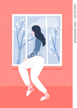 Young woman at home looking out window, sitting on sill in pink room. Spring landscape outside, blue sky with clouds and trees. Self isolation concept illustration. 65303081