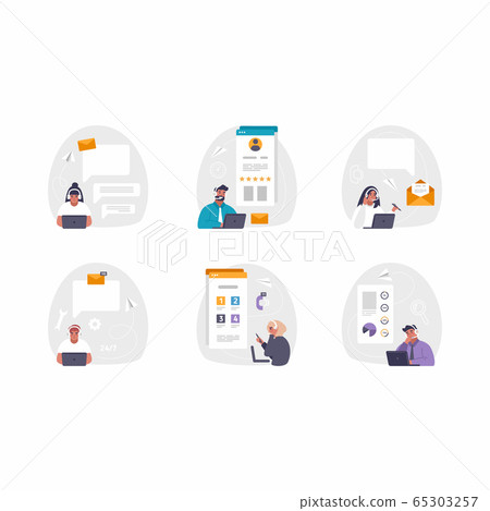 Vector illustration, customer service, male hotline operator advises client, online global technical support, customer and operator Vector illustration, customer service, male hotline operator advises client, online global technical support, customer and operator 65303257