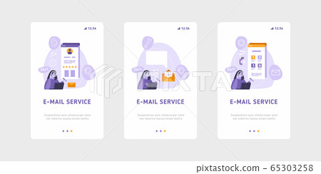 Email services and marketing vector template. woman with headset is working at email service marketing strategy. Email services and marketing vector template. woman with headset is working at email service marketing strategy. 65303258