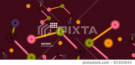 Flat style geometric abstract background, round dots or circle connections on color background. Technology network concept. 65303643
