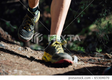 Trail running workout outdoors on rocky terrain, sports shoes detail on a challenging forest track Trail running workout outdoors on rocky terrain, sports shoes detail on a challenging forest track 65304070