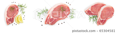 sliced raw pork meat isolated on white background. Top view. Flat lay. Set or collection sliced raw pork meat isolated on white background. Top view. Flat lay. Set or collection 65304581