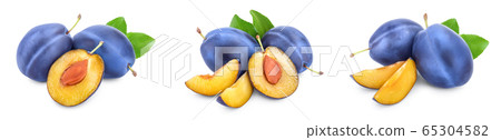 fresh blue plum with leaves isolated on white background. Set or collection fresh blue plum with leaves isolated on white background. Set or collection 65304582