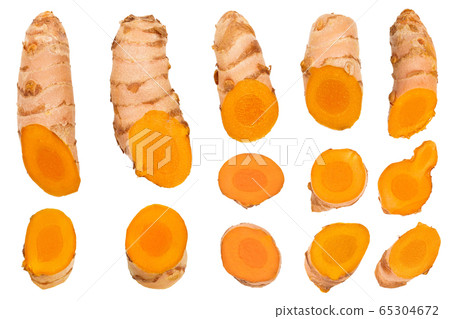 turmeric root and slices isolated on white background. Top view. Flat lay 65304672
