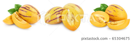 Fresh Pepino fruit with leaves isolated on white background. Set or collection Fresh Pepino fruit with leaves isolated on white background. Set or collection 65304675