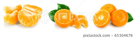 tangerine or mandarin fruit with leaves isolated on white background. Set or collection tangerine or mandarin fruit with leaves isolated on white background. Set or collection 65304676