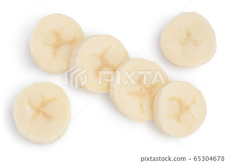 peeled banana pieces isolated on white background with clipping path and full depth of field. Top view. Flat lay. peeled banana pieces isolated on white background with clipping path and full depth of field. Top view. Flat lay. 65304678