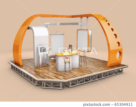 3d Rendering of stand, design with table and chair, info board, roll up. Clipping path included 65304911