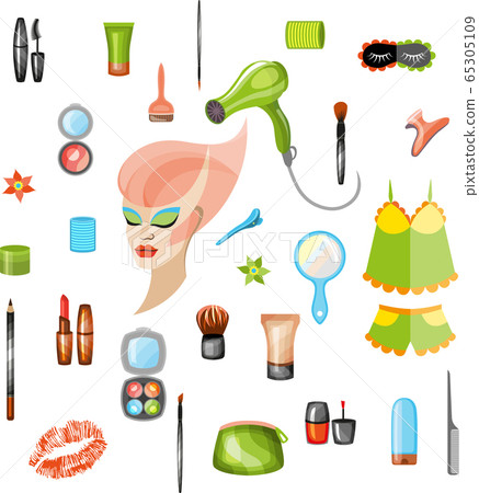 Set of cosmetics and food for the girl. Vector illustration. 65305109