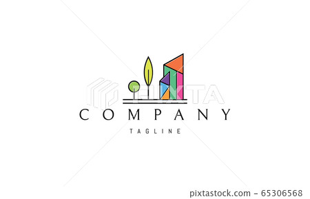 Vector logo on which an abstract image of two colored buildings and trees. 65306568