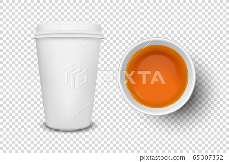 Vector 3d Realistic White Paper or Plastic Disposable Tea Cup with Black or Red Tea Closeup Isolated on Transparent Background. Design Template, Clipart. Front and Top View Vector 3d Realistic White Paper or Plastic Disposable Tea Cup with Black or Red Tea Closeup Isolated on Transparent Background. Design Template, Clipart. Front and Top View 65307352
