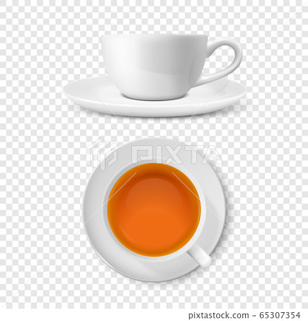 Vector 3d Realistic White Porclean, Ceramic Tea Cup, Mug Set with Black or Red Tea Closeup Isolated on Transparent Background. Design Template, Clipart. Top and Front View 65307354