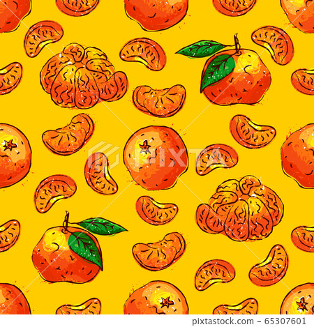 Tangerines fruit seamless pattern. Citrus fruits repeat background. Tangerine and slice tangerine on an orange background Vector illustration 65307601