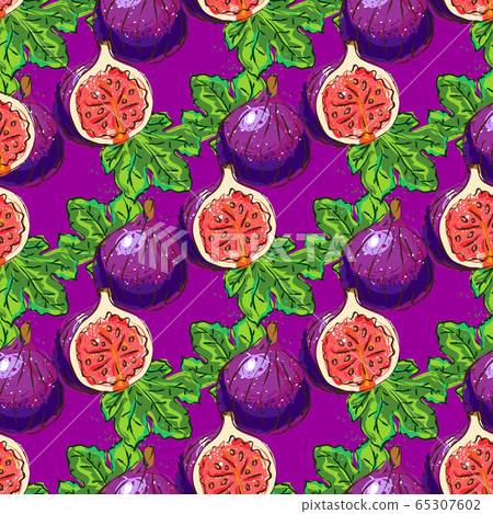 Figs fruit pattern, figs half and figs leaves seamless pattern. Striped background, Vector illustration 65307602