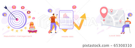 Social media concept icon set. Business people team creating reputation management, mobile and local SEO. 65308310