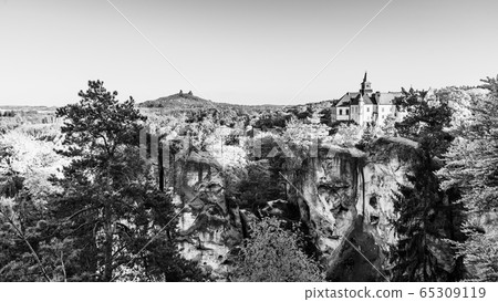 Spring landscape panorama of Bohemian Paradise, Czech: Cesky Raj. Hruba Skala castle and Trosky ruins. Czech Republic 65309119