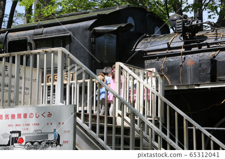 兩個女孩在晴朗的一天在運動公園裡的蒸汽機車上玩 65312041