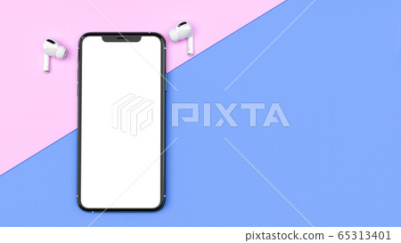 Top view smartphone empty screen template on pastel workspace table with earphone and copy space for background 65313401