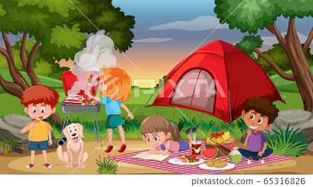 Scene with happy children camping and having Scene with happy children camping and having 65316826