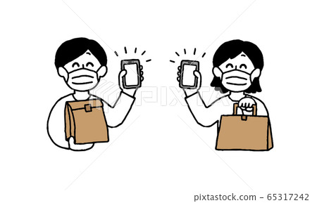Mask men and women holding smartphones and paper bags (simple) Mask men and women holding smartphones and paper bags (simple) 65317242