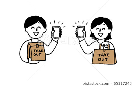 Men and women (simple) holding smartphones and paper bags (takeaway items) Men and women (simple) holding smartphones and paper bags (takeaway items) 65317243