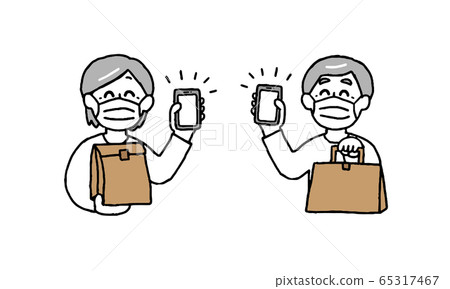 Senior men and women wearing masks holding smartphones and paper bags (simple) 65317467
