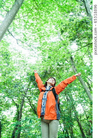 登山婦女山女孩遷徙的登山室外遠足 65318896