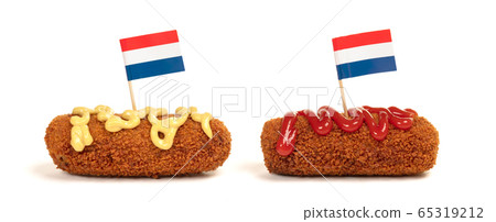 Brown crusty dutch kroketten with ketchup and 65319212