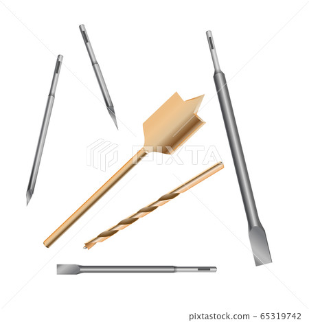 Realistic 3d Detailed Metallic Drill Bits Set Tools for Construction Work, Drilling Hole. 65319742