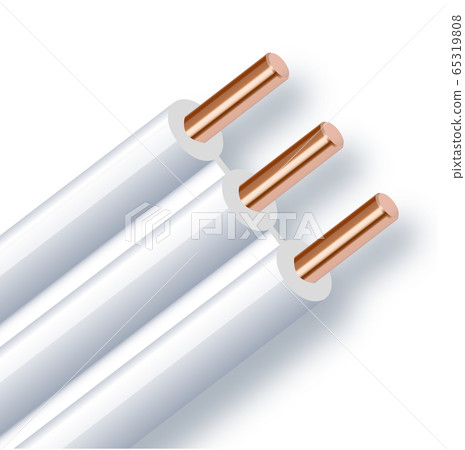 Flexible three-wire electrical copper cable isolated on white background. Copper multicore cable with double color insulation. Close-up of the cross section. Power wire. Vector illustration 65319808