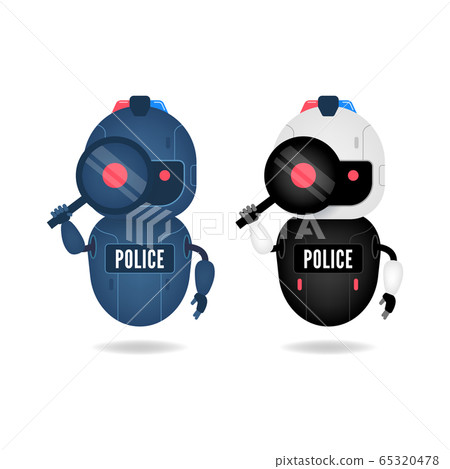 Police friendly android robot looking through the magnifying glass. Search conceptual. Police friendly android robot looking through the magnifying glass. Search conceptual. 65320478