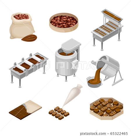Conveyer Belt with Chocolate Sweets Rested on It and Cocoa Beans as Main Ingredient Vector Set Conveyer Belt with Chocolate Sweets Rested on It and Cocoa Beans as Main Ingredient Vector Set 65322465