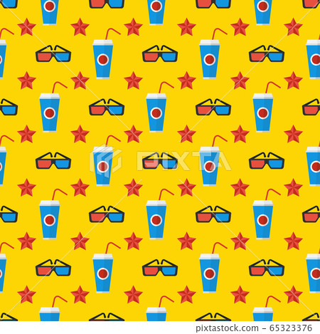 Cinema seamless pattern. Wallpaper with popcorn, stereo glasses and stars. Cinema seamless pattern. Wallpaper with popcorn, stereo glasses and stars. 65323376